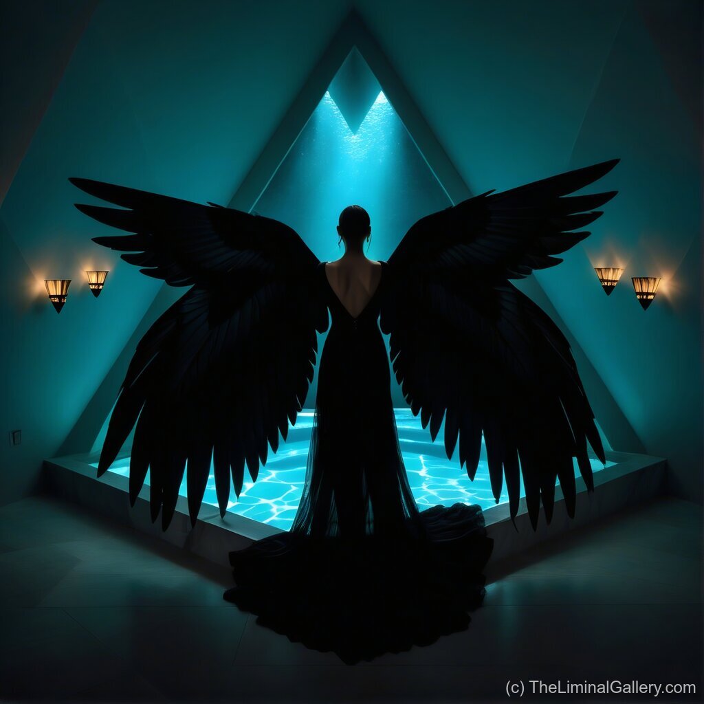 A double-winged angel exudes dark elegance and enigmatic beauty, blending mystery with celestial grace.